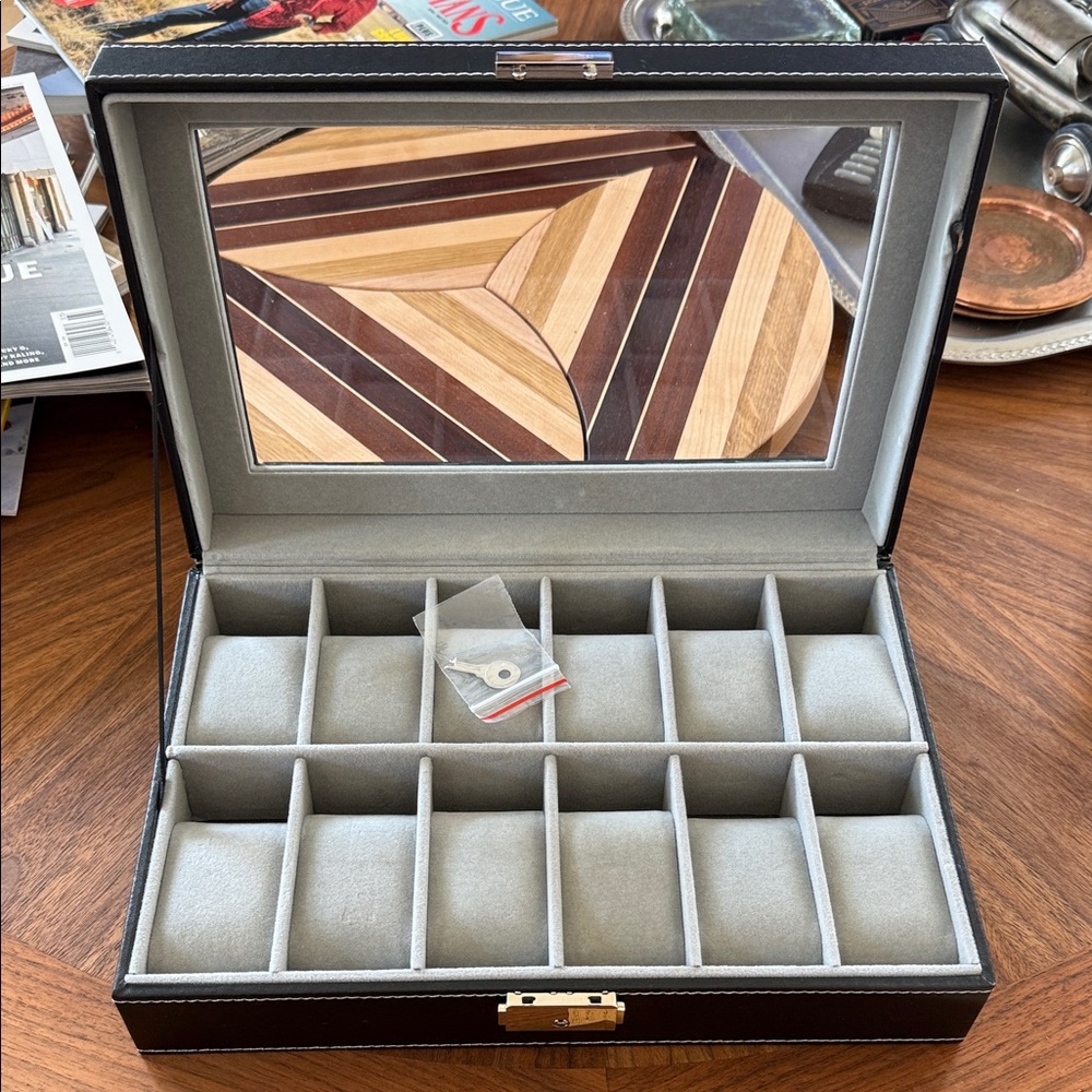 Black Leather 12-Slot Watch Organizer Case with Glass Top, Lock.